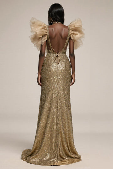Sparkly Gold Mermaid Ruffled Pageant Dress with Slit